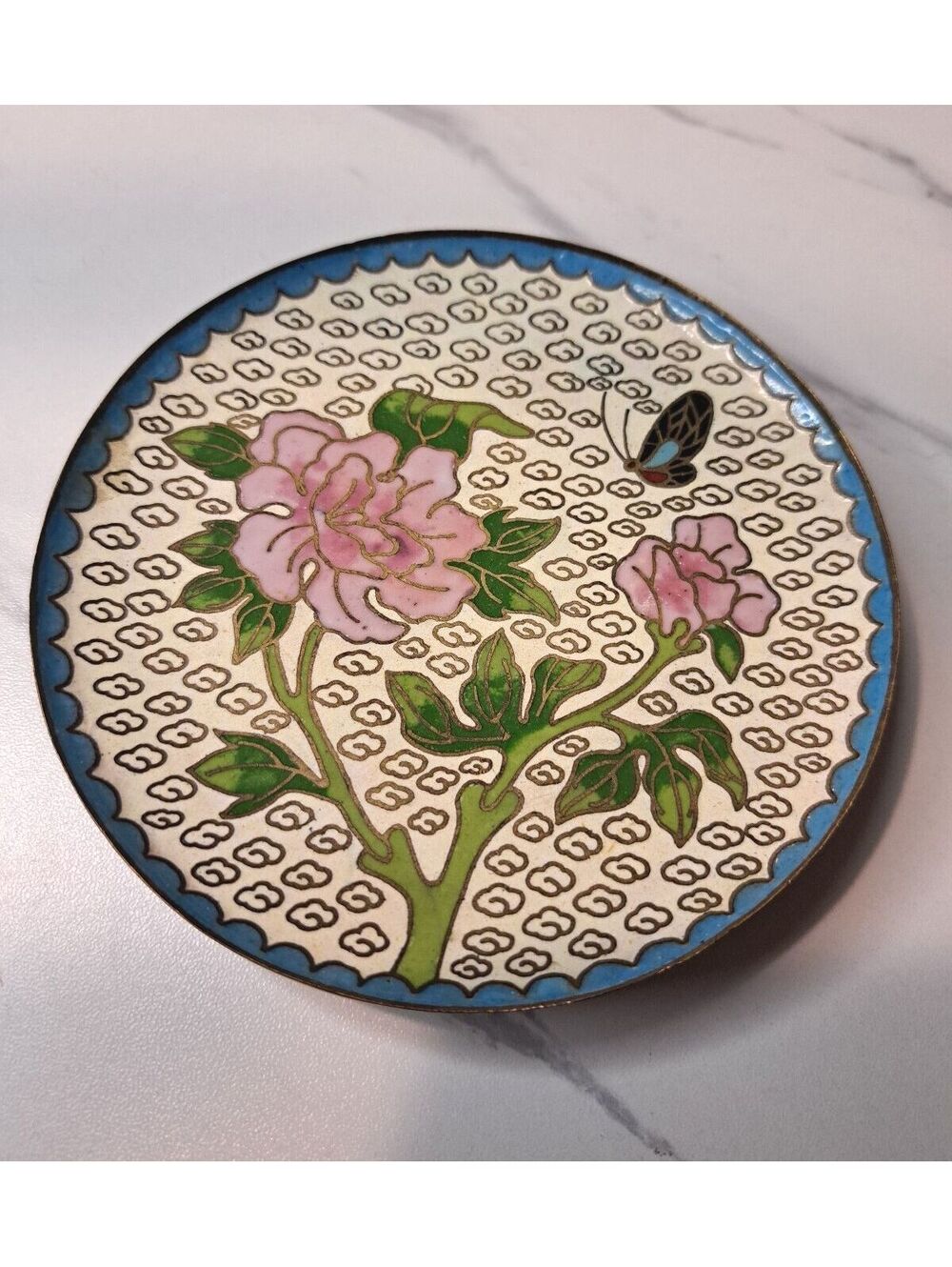 Vintage Cloisonne Trinket Dish Delicate Pink Floral Butterfly Design 4.75"